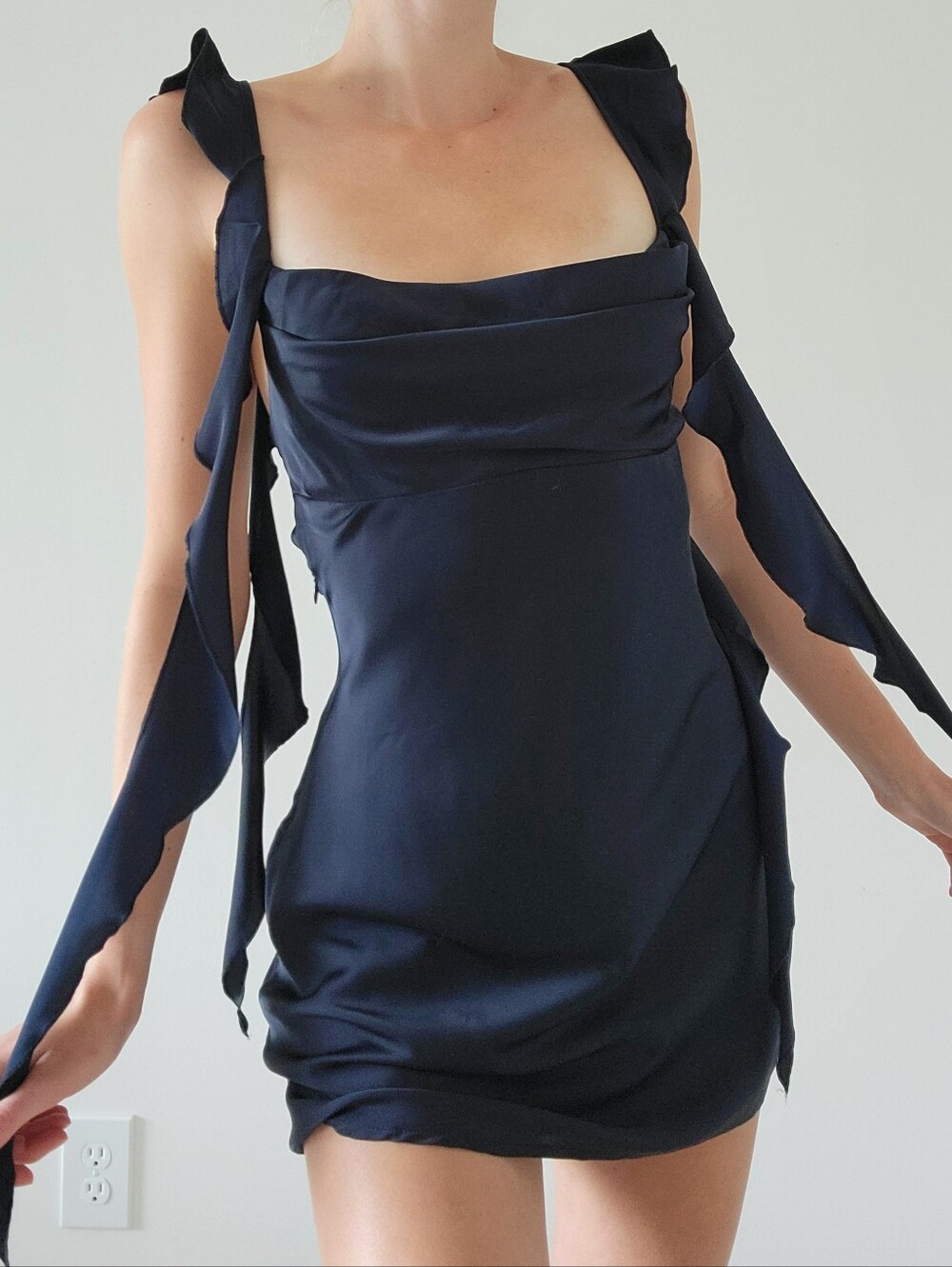 Navy Cowl Neck Open Back Satin Mini Dress With Flowing Strap Detail Size Medium
